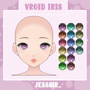 Könnte beinhalten: Eine digitale Illustration einer weiblichen Anime-Figur mit einer Vielzahl von Augenfarben. Die Figur hat rosa Haare und einen hellrosa Hautton. Die Augenfarben umfassen Lila, Blau, Grün, Braun und Gelb. Der Text "VROID IRIS" befindet sich oben im Bild und der Text "JESSAIR_" unten im Bild.
