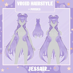 Peut inclure: Coiffure de style anime violette avec deux chignons sur le dessus, vue de face, de dos et de profil. La coiffure est conçue pour être utilisée avec le logiciel Vroid et inclut la physique pour le mouvement.