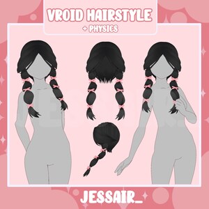 May include: A digital illustration of a black hairstyle with pink bows. The hairstyle is shown in three different views: front, back, and side. The text "VROID HAIRSTYLE + PHYSICS" is at the top of the image. The text "JESSAIR_" is at the bottom of the image.