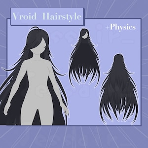 以下が含まれることがあります： 長い流れのある黒い髪型のデジタルイラスト。髪型は白い体の女性のキャラクターに表示されています。画像には、物理演算が有効になっている髪型も表示されており、髪の動きと流れを示しています。