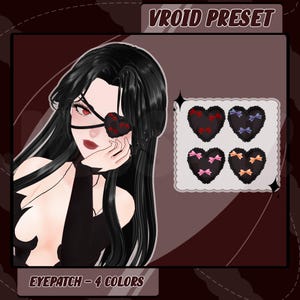 Puede incluir: Preajuste Vroid para un parche para el ojo con cuatro opciones de color: rojo, rosa, azul y naranja. Cada parche tiene forma de corazón con un lazo en la parte superior.