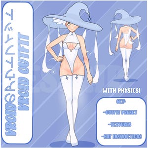 Puede incluir: Ilustración digital de un atuendo blanco y azul claro, que incluye un sombrero, un maillot y medias hasta el muslo. El atuendo está etiquetado como "VROID OUTFIT" con texto japonés. La imagen también incluye el texto "WITH PHYSICS!" y detalles sobre el atuendo.