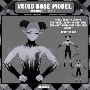 May include: A digital illustration of a Vroid Base Model, featuring a pale-skinned character with black horns, red eyes, and a black and white patterned body. The image includes the text "VROID BASE MODEL" and "-FEEL FREE TO CHANGE TEXTURES, COLORS OR ANYTHING YOU WANT, CUSTOMIZE YOUR OWN MODEL! -READY TO USE."