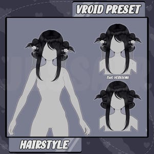 Op de afbeelding: Een Vroid-preset voor een zwart kapsel met twee versies. De eerste versie heeft het haar naar achteren getrokken in twee knotten met hangende ornamenten. De tweede versie heeft het haar los met twee knotten aan de zijkanten.