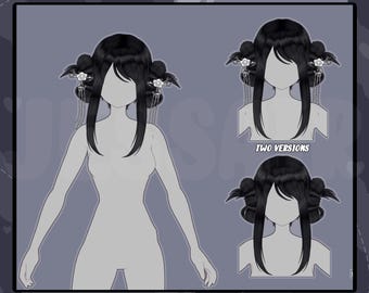 Könnte beinhalten: Ein Vroid-Preset für eine schwarze Frisur mit zwei Versionen. Die erste Version hat das Haar zu zwei Knoten mit herabhängenden Ornamenten zurückgebunden. Die zweite Version hat das Haar offen mit zwei Knoten an den Seiten.