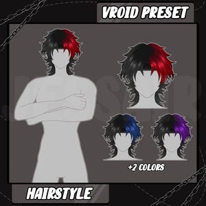May include: Vroid Preset Hairstyle with black and red hair, plus two color variations with blue and purple hair. The hairstyle is shown on a white silhouette of a person.