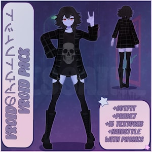 Puede incluir: Ilustración digital de un personaje con un atuendo negro con un cráneo en la camiseta. El personaje lleva un abrigo a cuadros, medias altas y botas. El texto en la imagen dice "VROID PACK" y enumera las características incluidas.