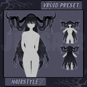 Puede incluir: Un preset de Vroid para un peinado con cabello largo y negro con cuernos. El cabello está peinado de una manera que lo hace parecer que está flotando en el viento. El preset incluye tres vistas diferentes del peinado.