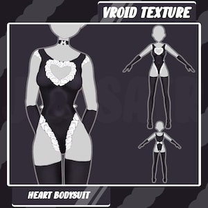 May include: A black bodysuit with a white heart-shaped cutout and white lace trim. The bodysuit has a V-neck and long sleeves. The image also shows a front view and back view of the bodysuit.