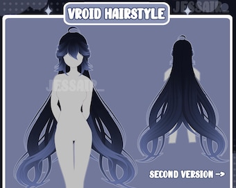 Könnte beinhalten: Eine digitale Illustration einer blauen und schwarzen Anime-Frisur für einen virtuellen Avatar. Die Frisur wird von vorne und hinten gezeigt. Der Text "VTUBER PRESET VROID HAIRSTYLE" befindet sich oben im Bild. Der Text "SECOND VERSION" befindet sich unten rechts im Bild.