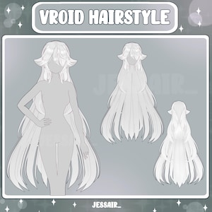 Puede incluir: Ilustración de un diseño de peinado etiquetado como "Vroid Hairstyle". La imagen presenta un contorno de cuerpo completo y dos variaciones de peinado adicionales. El cabello es largo y fluido, con un color claro y una forma única.