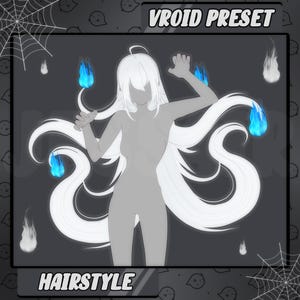 Peut inclure: Un PRESET VROID pour une coiffure avec de longs cheveux blancs et des flammes bleues. La coiffure est intitulée "HAIRSTYLE".