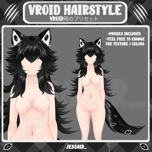 Puede incluir: Ilustración digital de un peinado Vroid. El peinado presenta cabello largo, negro y ondulado con orejas de gato. La imagen incluye el texto "VROID HAIRSTYLE" y "-PHYSICS INCLUDED -FEEL FREE TO CHANGE THE TEXTURE / COLORS."