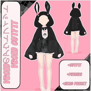May include: A black hooded jacket with bunny ears and pink accents. The jacket has a plaid pattern on the front and a white trim around the bottom. The jacket is worn over a black and white dress with a pink bow. The text "VROID OUTFIT" is written in pink on the left side of the image.