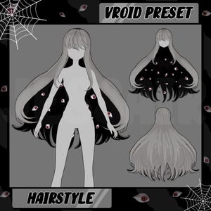 Könnte beinhalten: Eine digitale Illustration einer Frisur mit langen, glatten, grauen Haaren. Die Haare sind mit einem schwarz-weißen Muster aus Augen gestaltet. Der Text "VOID PRESET" und "HAIRSTYLE" ist im Bild sichtbar.