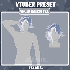 以下が含まれることがあります： Vroid用のVtuberプリセットで、サイドパートの青と白のヘアスタイルが特徴です。ヘアスタイルは、人物の頭と肩のグレーのシルエットで表示されています。