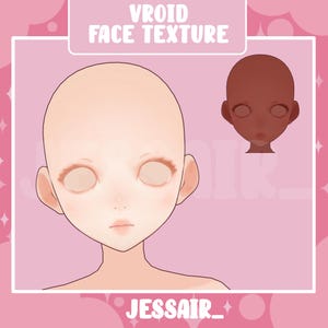 Puede incluir: Ilustración digital de un rostro de piel clara, con cuencas de los ojos vacías y una nariz y labios pequeños y definidos. La imagen incluye un rostro más pequeño y oscuro y el texto "VROID FACE TEXTURE" y "JESSAIR_" sobre un fondo rosa.
