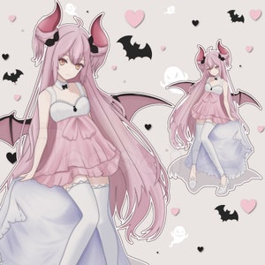 May include: Illustration of a pink-haired anime character with bat wings and horns, wearing a pink dress and white stockings. The background features hearts, bats, and ghost shapes. The character has a white dress underneath the pink dress.
