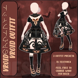 Puede incluir: Un conjunto de personaje digital que incluye un vestido negro con cuello de volantes, un lazo dorado y una falda tipo jaula con detalles de velas. El set incluye 3 preajustes y 15 texturas, con el texto VROID OUTFIT y FEEL FREE TO CHANGE WHAT YOU NEED.