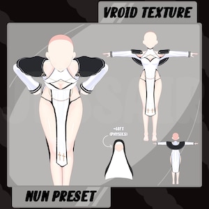 May include: A white and black nun costume with a white habit, black sleeves, and a black collar. The costume includes a white head covering with a black trim. The costume is designed for use with the Vroid avatar software.