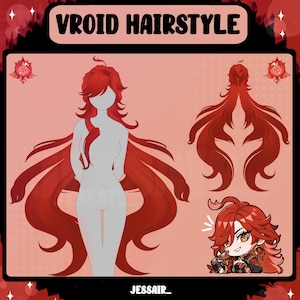 Puede incluir: Una ilustración digital de un peinado rojo para un avatar virtual. El peinado es largo y fluido, con raya lateral y algunos rizos sueltos. El peinado se muestra sobre un fondo blanco con un pequeño personaje de dibujos animados en la esquina inferior derecha.