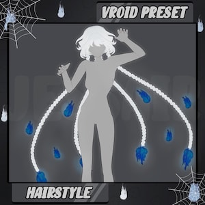 Puede incluir: Una ilustración digital de un personaje blanco con llamas azules como cabello. El personaje lleva un atuendo blanco y tiene un fondo blanco. El texto "VROID PRESET" está en la parte superior de la imagen y el texto "HAIRSTYLE" está en la parte inferior de la imagen.