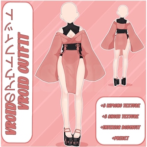 May include: A pink and black Vroid outfit with a kimono, bodysuit, and platform shoes. The outfit includes a black belt with tassels and a black mock neck top. The text "Vroid's Outfit" is written in Japanese and English on the left side of the image.
