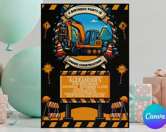 Invito di compleanno a tema cantiere edile, modello Canva modificabile / Invito per festa di compleanno con escavatore / Download digitale 5x7