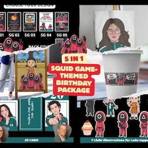 Squid-Themed Birthday Party Bundle – Digital Invitation, Poster, Cupcake Toppers, Bottle Labels, Thank You Card, Made to order, 5 in 1