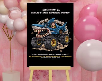Custom Shark Monster Truck Portrait – Personalized Birthday Design for Kids – Birthday welcome sign Custom