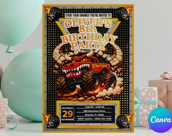 Monster Truck Birthday Invitation | Template Editable in Canva | Monster Truck Party Invite | Digital Download 5x7