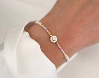 Beaded bracelet Smiley Miyuki colorful rainbow pastel elastic good mood spring summer Easter friendship bracelet best friend gift