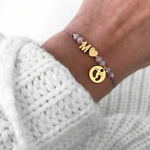 Bracelet letter initial heart baby feet birth beads lilac filigree macrame baptism expectant mother rose gold stainless steel