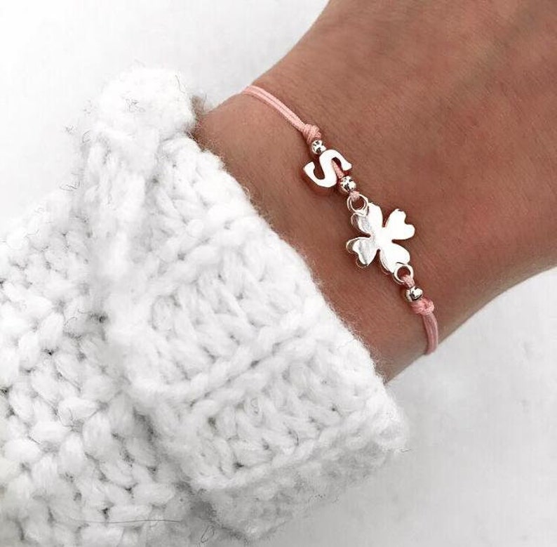 Bracelet letter initial clover silver ribbon filigree macramee lucky charm