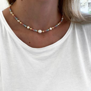 Halskette Süßwasserperlen Regenbogen Acrylperlen Perlenkette Choker Gold Edelstahl filigran