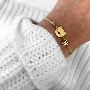 Pulseira gato letra inicial animal de estimação coração ouro filigrana aço inoxidável