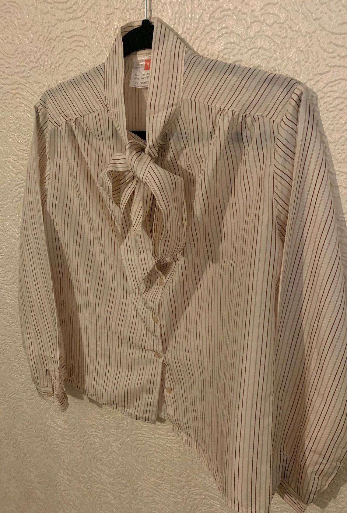 1970s Cream Pussycat Bow Blouse With Brown Pinstripes | Etsy