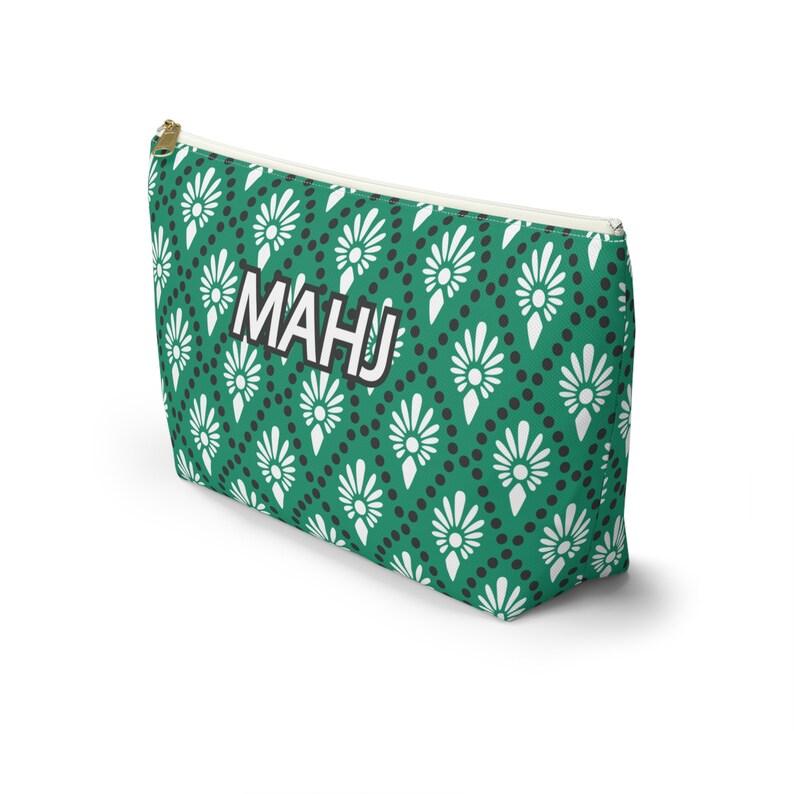Mahjong Tile Bag Green Block Print Canvas Zip Pouch Mahj Tile Tote
