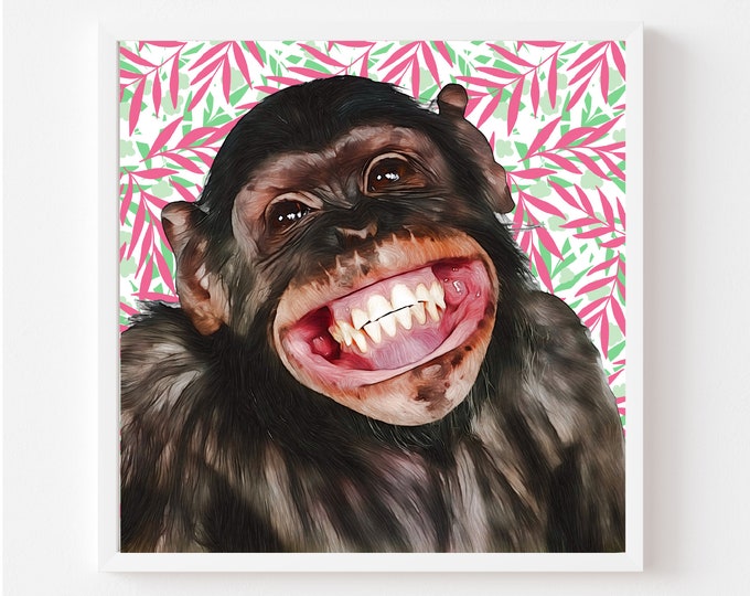 Monkey Illustration with Pink and Green Palm Background
