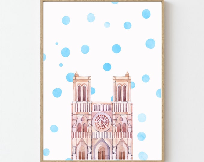 Notre Dame Fine Art Print. Blue Polka Dots. Paris. Multiple Sizes Available.