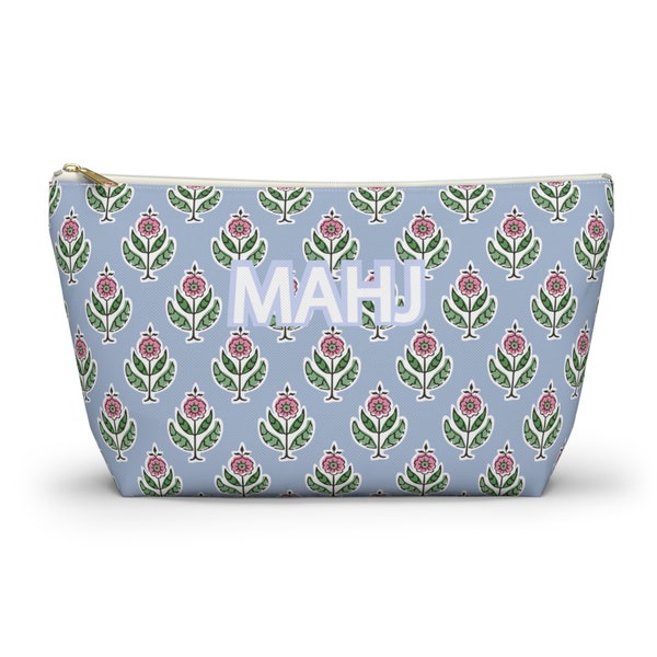 Mahjong Tile Bag - Blue and Pink Flower Block Print - Canvas Zip Pouch - Mahj Tile Tote - Mahjong Gift - Get Your Mahj On