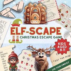May include: A Christmas-themed escape game titled "ELF-SCAPE" with a steampunk-style building, elf illustrations, and a reindeer. The game is designed for kids aged 8-11. Includes game instructions and recipe ingredients.