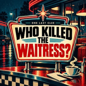 Può includere: Un'insegna in stile retrò con una stella al neon mostra il testo ONE LAST CLUE WHO KILLED THE WAITRESS? in grassetto nero e rosso. Sotto l'insegna, una tazza di caffè fumante, un blocco note e una penna su un bancone a scacchi.