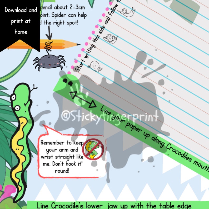 May include: A green and yellow cartoon snake with a speech bubble that says "Remember to keep your arm and wrist straight like me. Don't hook it round!"  The snake is on a blue background with a green and white crocodile mouth and a green and white spider.