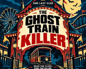 May include: A graphic illustration titled The Ghost Train Killer with the text One Last Clue and Read The Clues. Find The Killer. The image features a train entering a carnival archway at night under a full moon with bats and a ferris wheel.