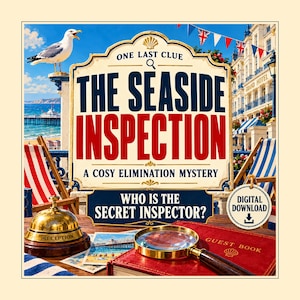 May include: A digital download game titled The Seaside Inspection: A Cosy Elimination Mystery. The image features a brass reception bell, a magnifying glass, a red guest book, and a seagull against a backdrop of a seaside hotel and pier.