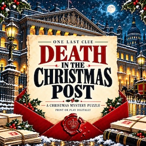 Puede incluir: Un rompecabezas de misterio navideño titulado One Last Clue Death in the Christmas Post. El texto está impreso en papel color crema dentro de un sobre rojo con un sello de cera. El fondo muestra una calle nevada con farolas y edificios.