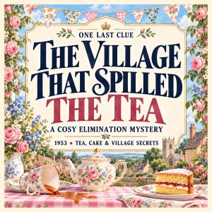 May include: A book cover titled One Last Clue: The Village That Spilled The Tea, A Cosy Elimination Mystery, 1953, Tea, Cake & Village Secrets. The image features a floral teapot, a spilled teacup, and a slice of cake on a pink chequered tablecloth.