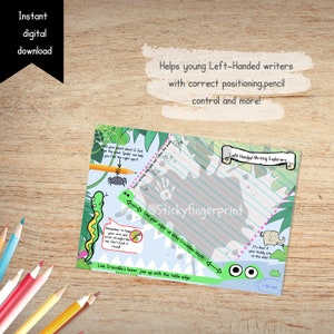 May include: A green and blue printable worksheet with a jungle theme for left-handed writers. The worksheet includes a crocodile, a spider, and an elephant. The text on the worksheet says "Left Handed Writing Explorers" and "Line your paper up along Crocodile's mouth".