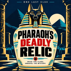 Può includere: Un'illustrazione grafica di un vaso canopo in stile egizio con testa di sciacallo, con il testo "ONE LAST CLUE", "PHARAOH'S DEADLY RELIC" e "READ THE CLUES. UNRAVEL THE MYSTERY." Il design utilizza colori blu, oro e rosso con piramidi.